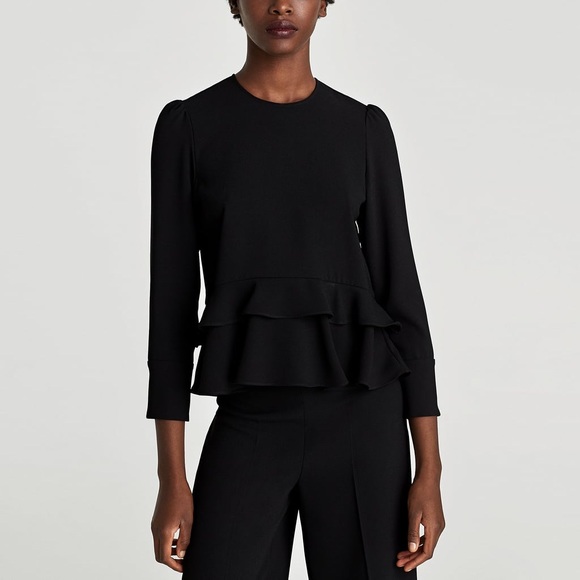 NWT Zara Black Frilled Ruffled Hem Blouse Top - Picture 6 of 8